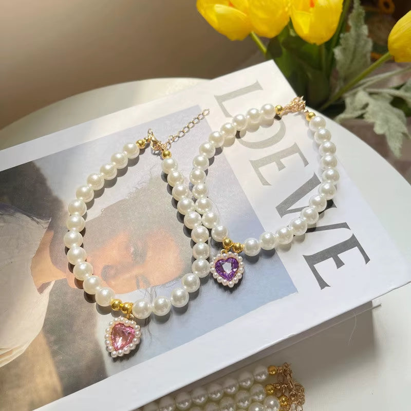 TONG Luxury Pearl Pet Collar Pet Cat Dog Collar Love Pendant Pet Supplies Love Crystal Collar Kitten Collar Cat Necklace